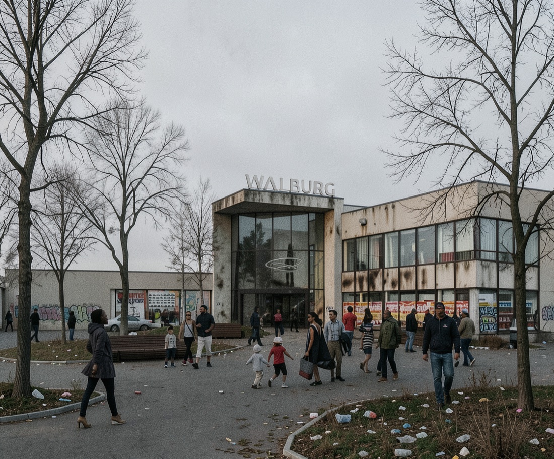 The same shopping centre antirendered — flat grey winter, bare trees, dead landscaping