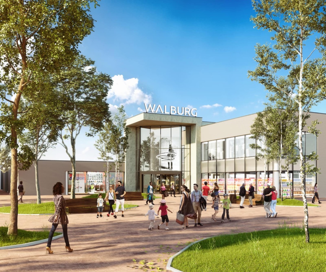 A marketing render of a shopping centre — families, blue sky, lush trees
