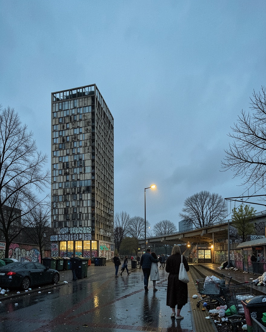 The same tower antirendered — a rainy dusk a decade on, streetlights, grime and graffiti