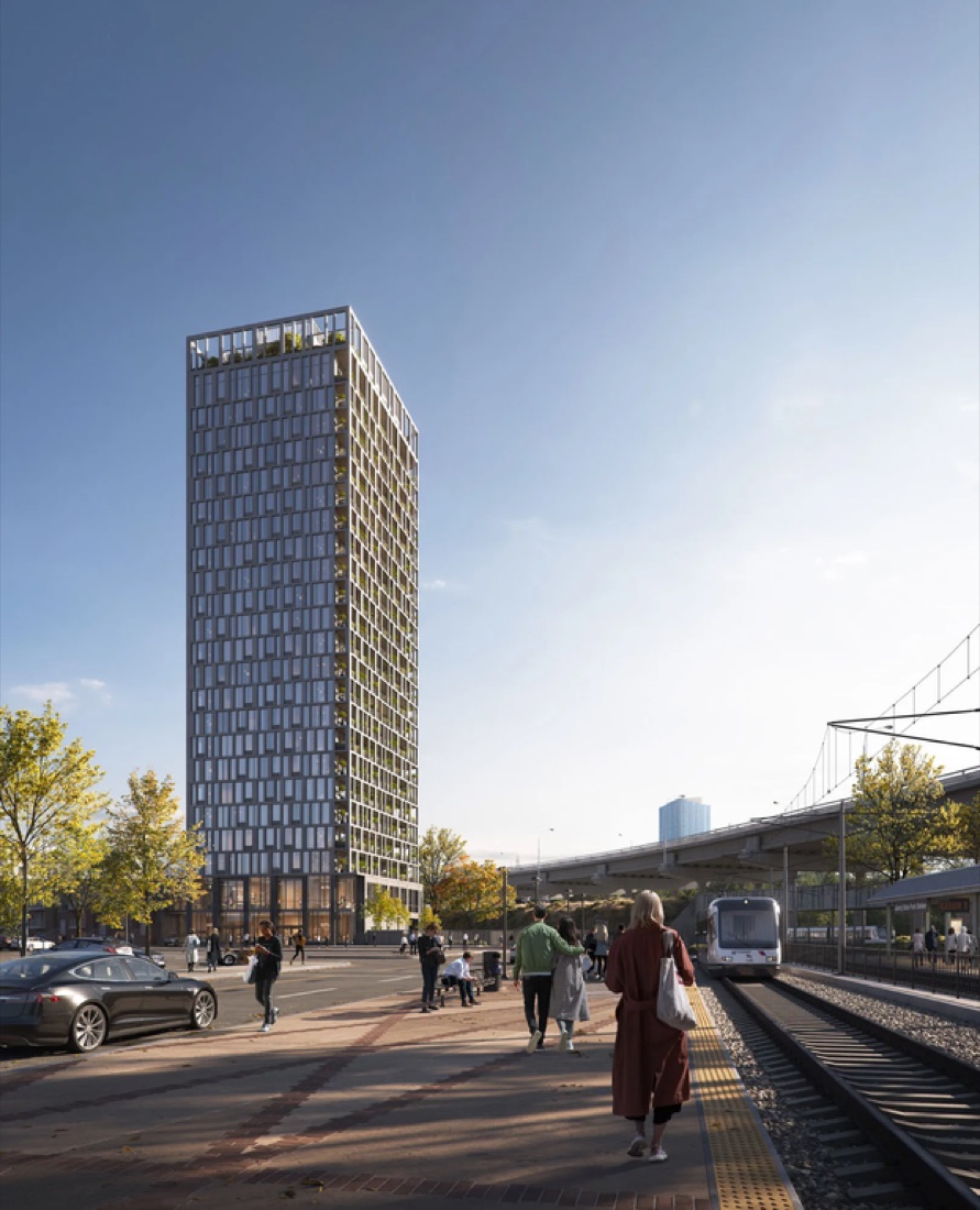 A developer's render of a residential tower — sunny, spotless, blue sky